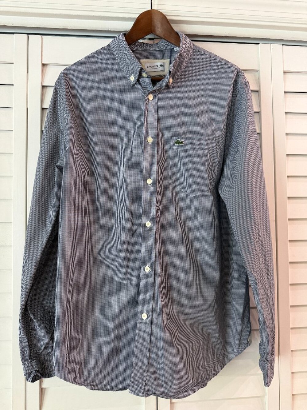 Lacoste Men's Regular Fit Gingham Poplin Shirt White Navy Blue- Size L - Picture 3 of 9